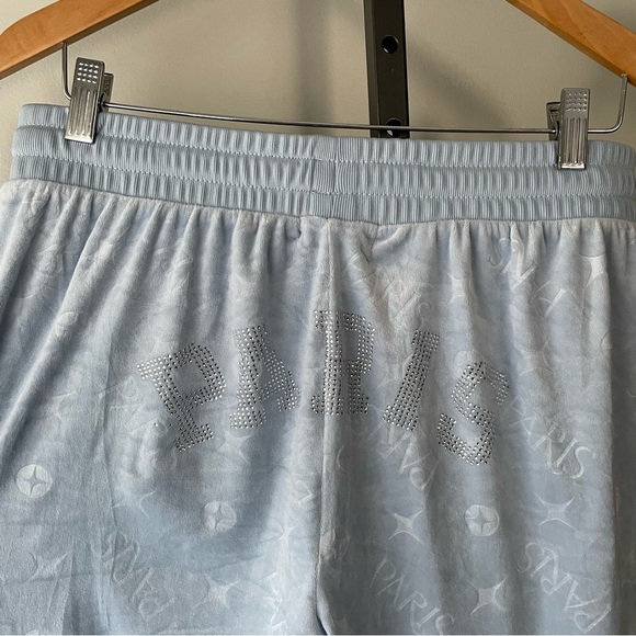Paris Hilton Velvet Velour Track Lounge Pants Embellished Rhinestones Baby Blue - Picture 2 of 9